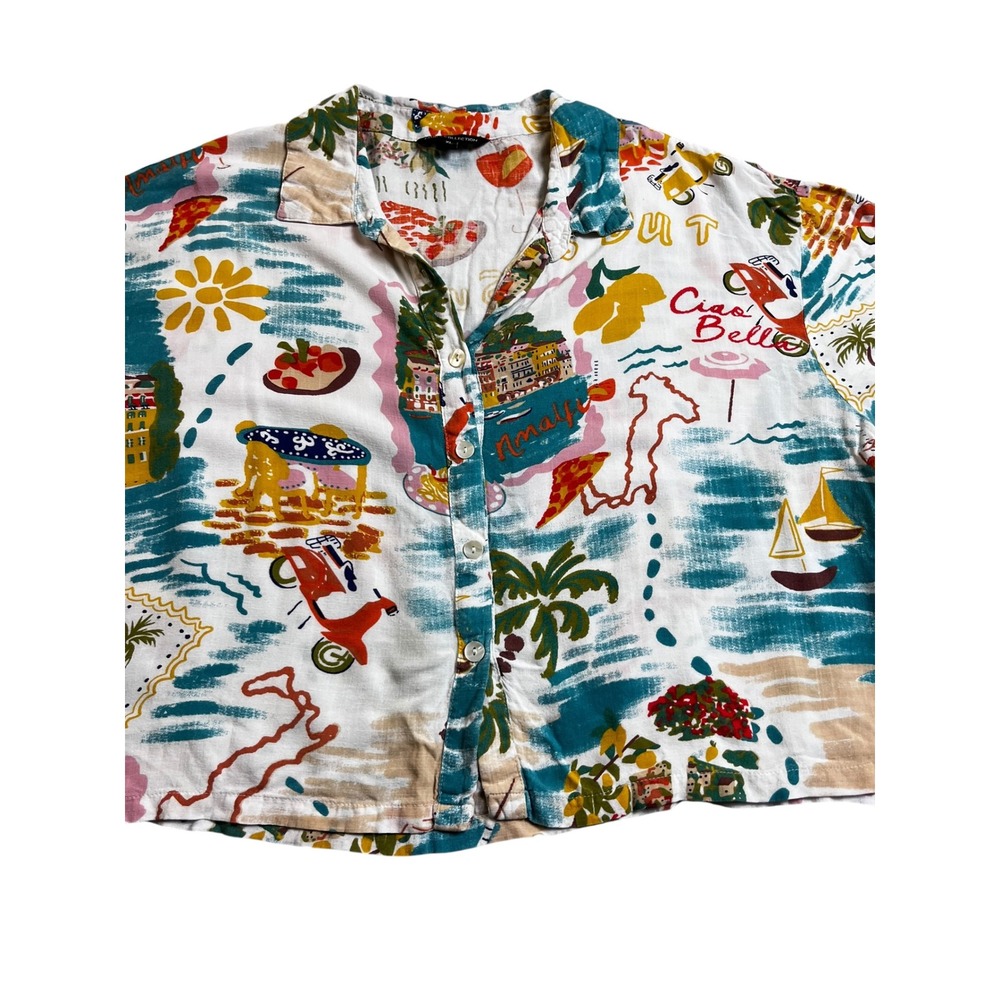 Club Z Collection Amalfi Coast Postcard Print Shirt Cropped Rayon Resortwear XL - Picture 2 of 8